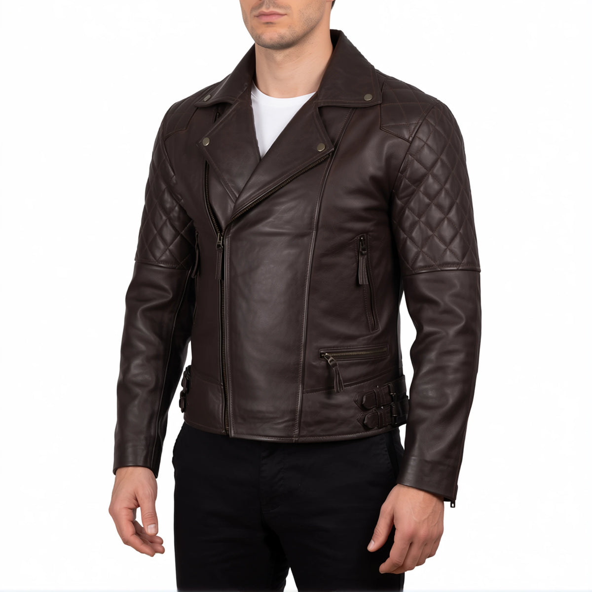 Carter Men’s Dark Brown Asymmetrical Quilted Leather Biker Jacket