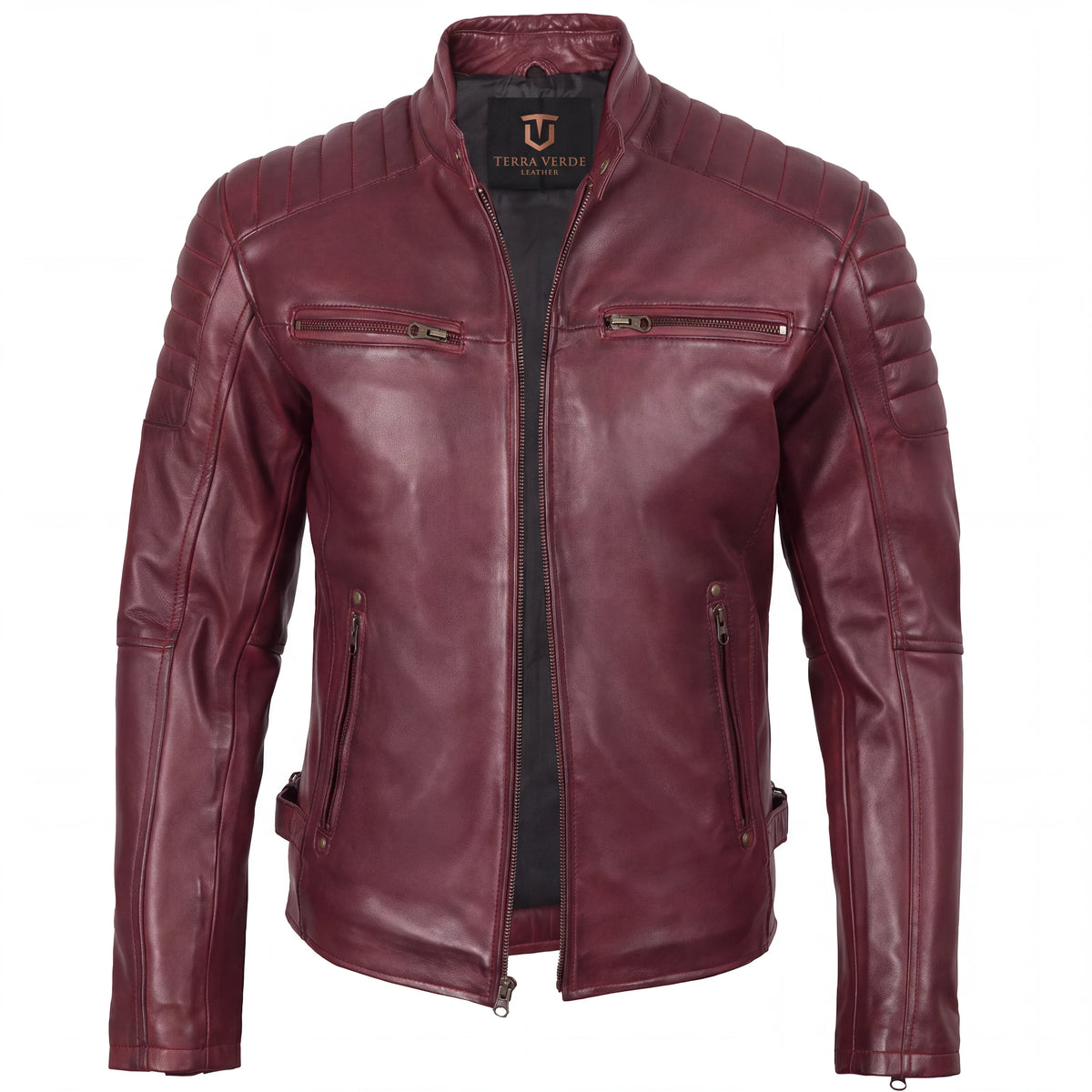 Cavell Men’s Burgundy Leather Biker Jacket
