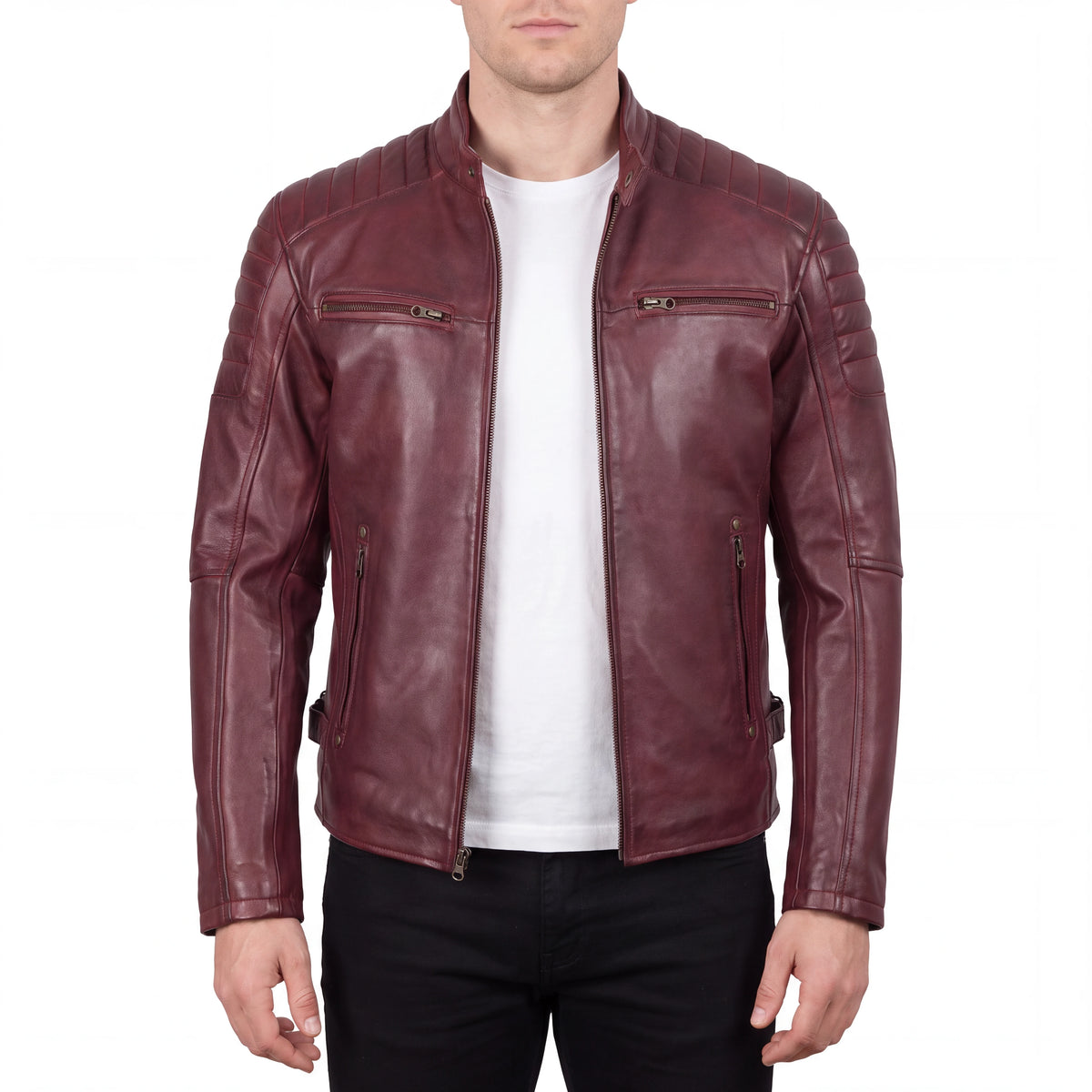 Cavell Men’s Burgundy Leather Biker Jacket