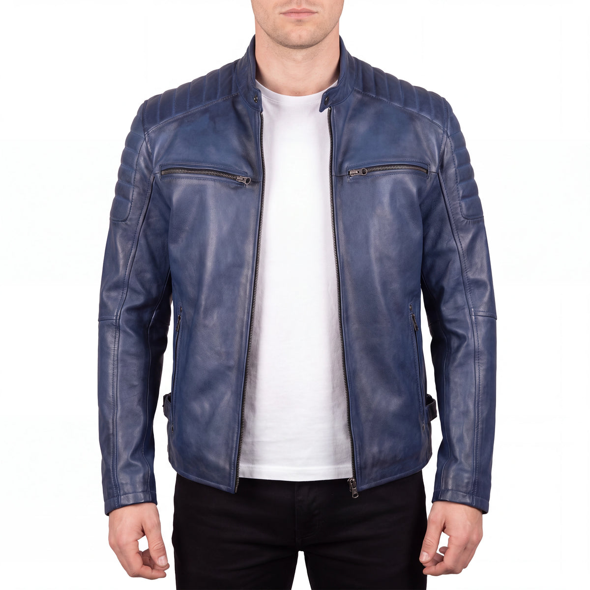 Cavell Men’s Blue Leather Biker Jacket