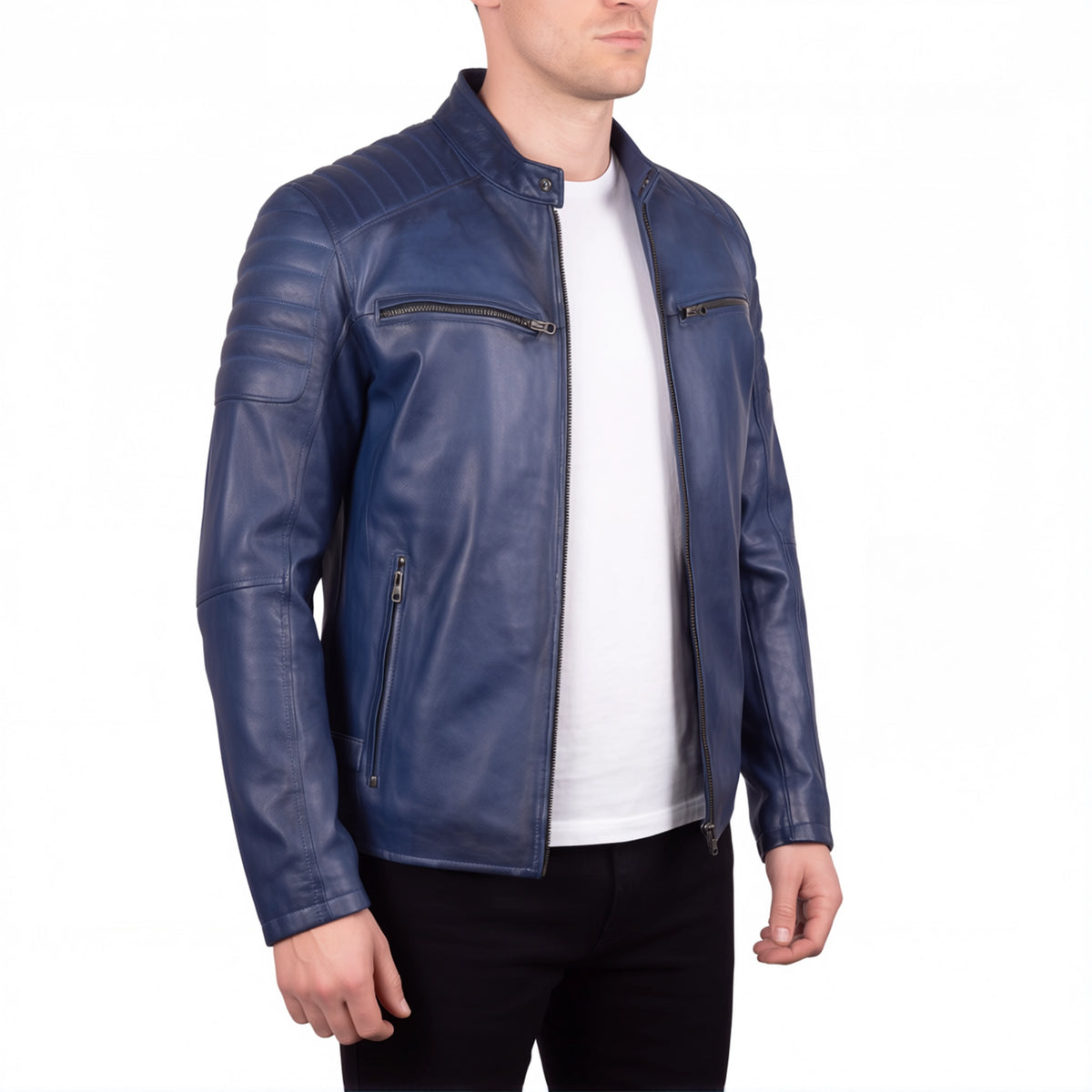 Cavell Men’s Blue Leather Biker Jacket