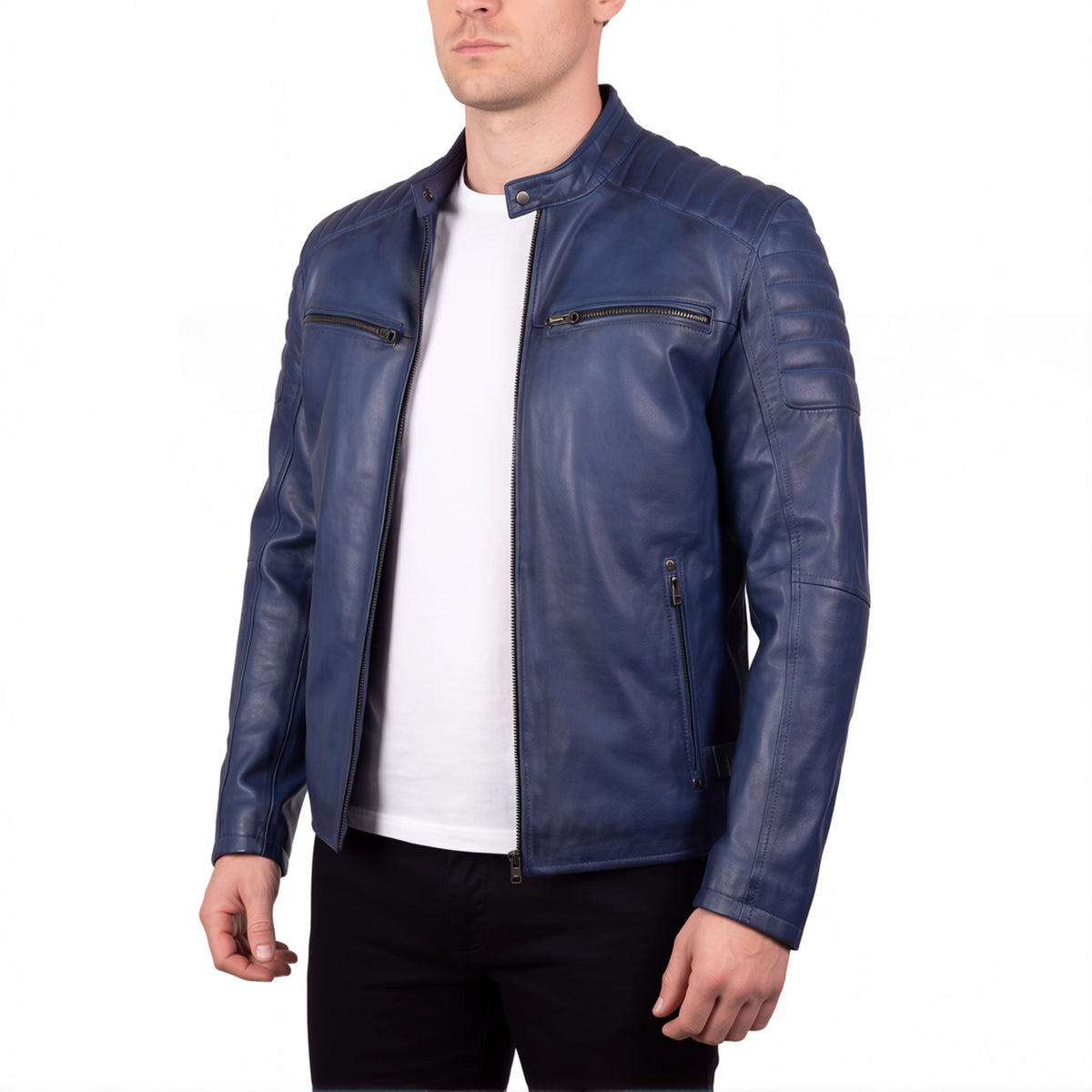 Cavell Men’s Blue Leather Biker Jacket