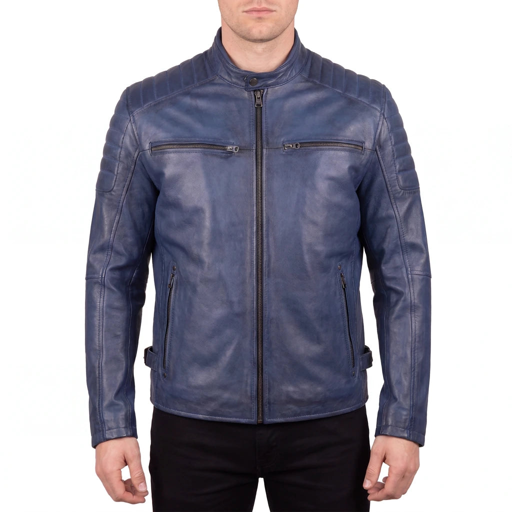 Cavell Men’s Blue Leather Biker Jacket