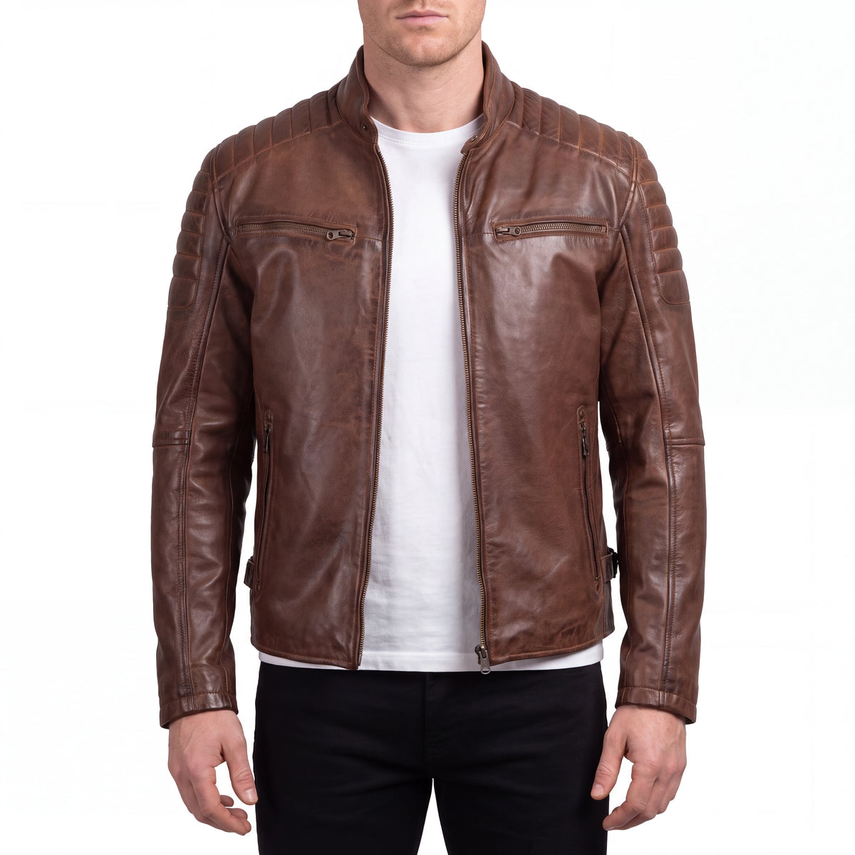 Cavell Men’s Cognac Brown Leather Biker Jacket