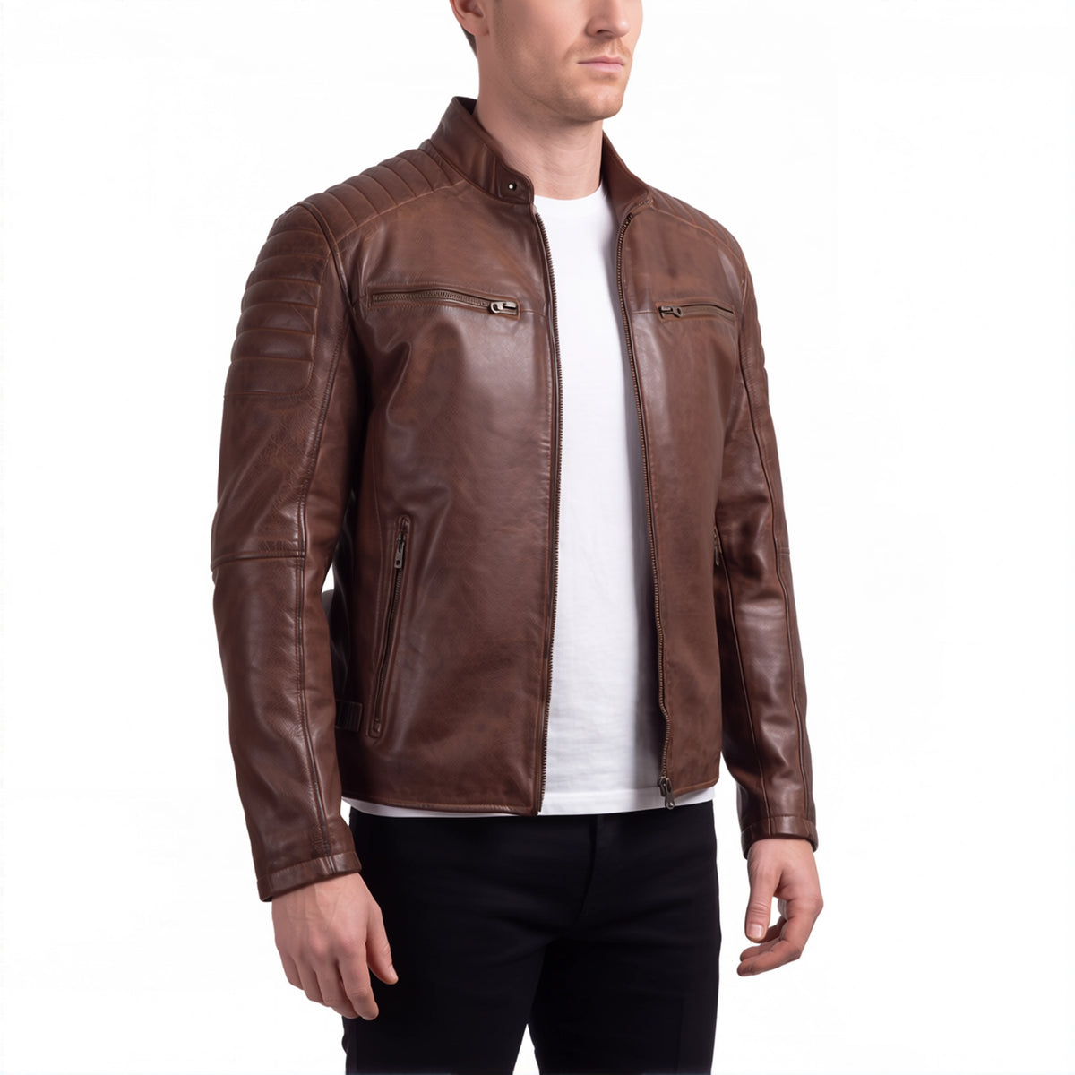 Cavell Men’s Cognac Brown Leather Biker Jacket