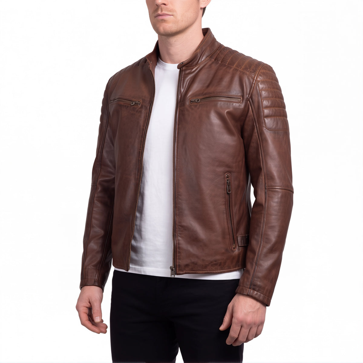 Cavell Men’s Cognac Brown Leather Biker Jacket