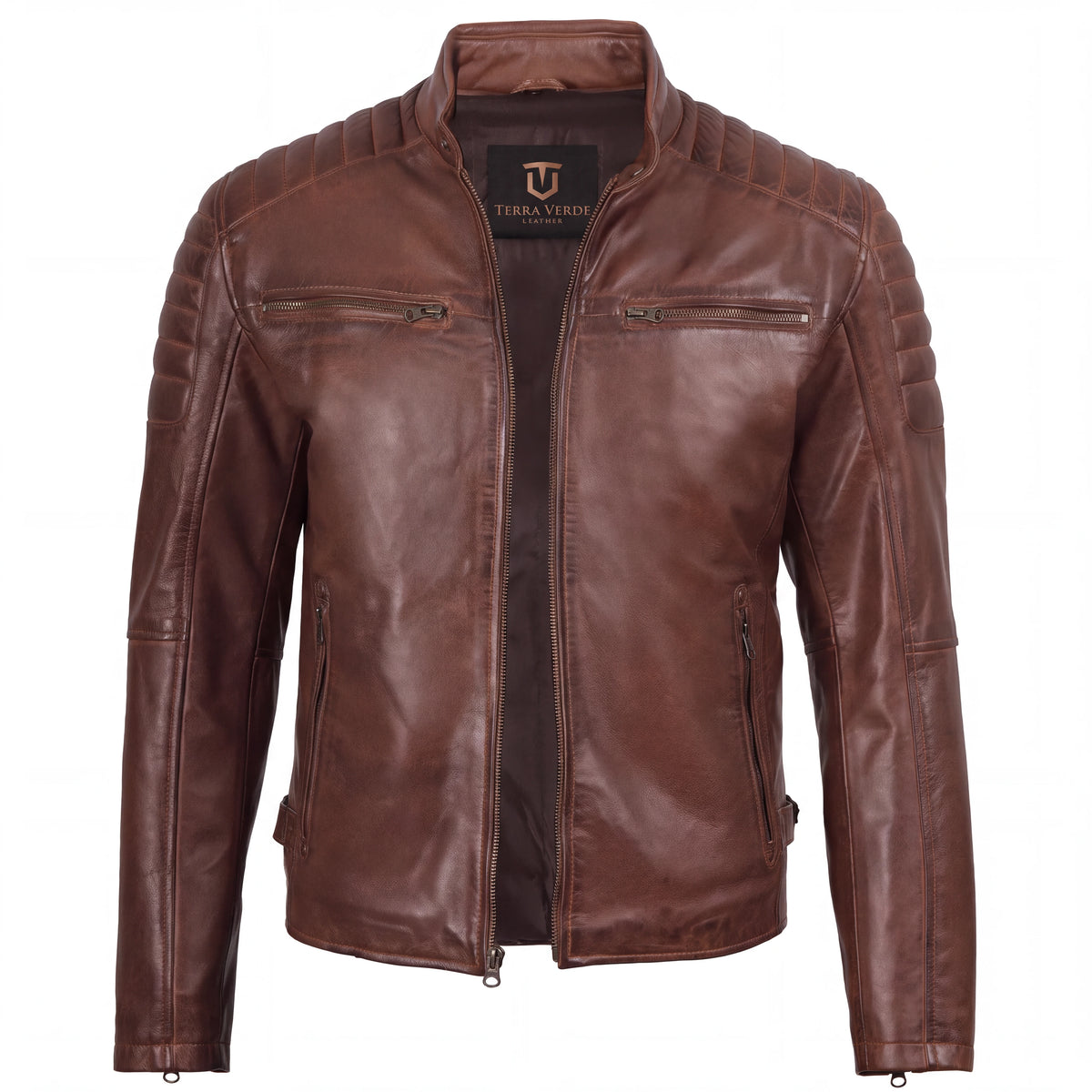 Cavell Men’s Cognac Brown Leather Biker Jacket