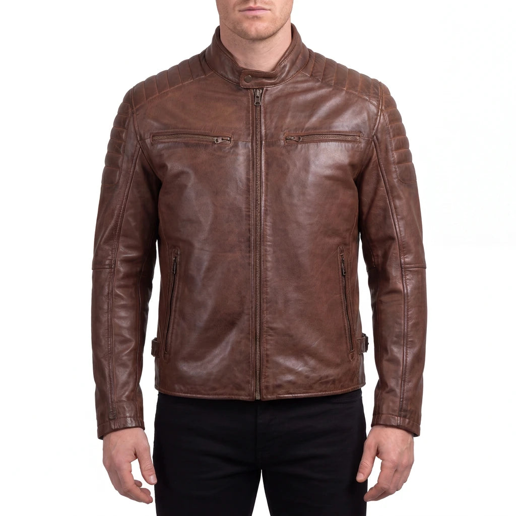 Cavell Men’s Cognac Brown Leather Biker Jacket