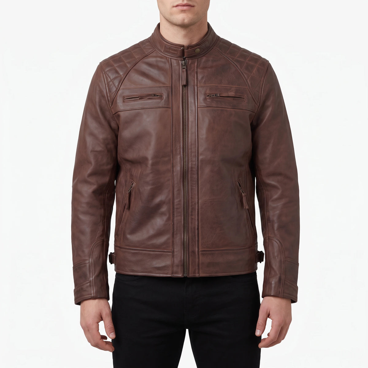 Chestnut Viper Men’s Brown Quilted Cafe Racer Style Leather Biker Jacket
