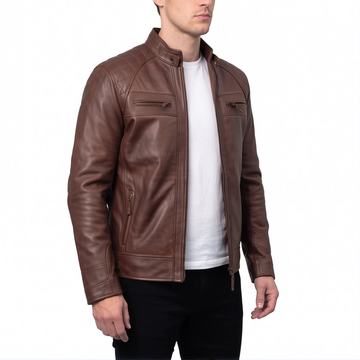 Chestnut Viper Men’s Brown Quilted Cafe Racer Style Leather Biker Jacket