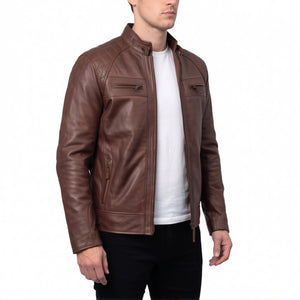 Chestnut Viper Men’s Brown Quilted Cafe Racer Style Leather Biker Jacket