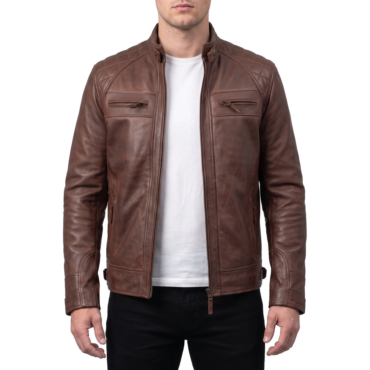 Chestnut Viper Men’s Brown Quilted Cafe Racer Style Leather Biker Jacket