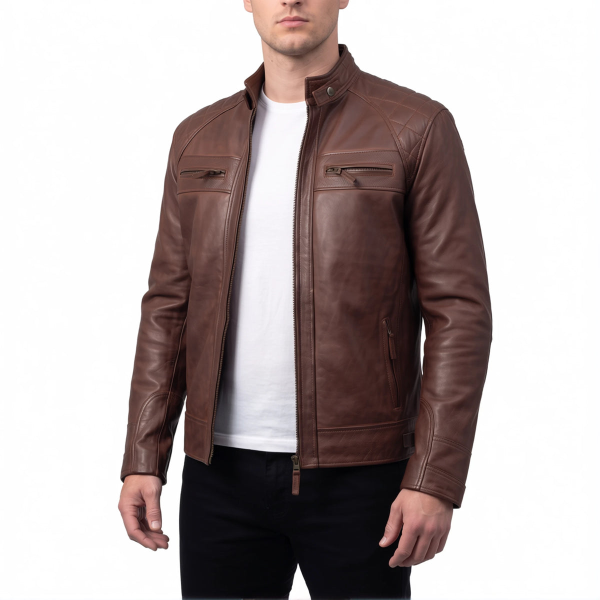 Chestnut Viper Men’s Brown Quilted Cafe Racer Style Leather Biker Jacket
