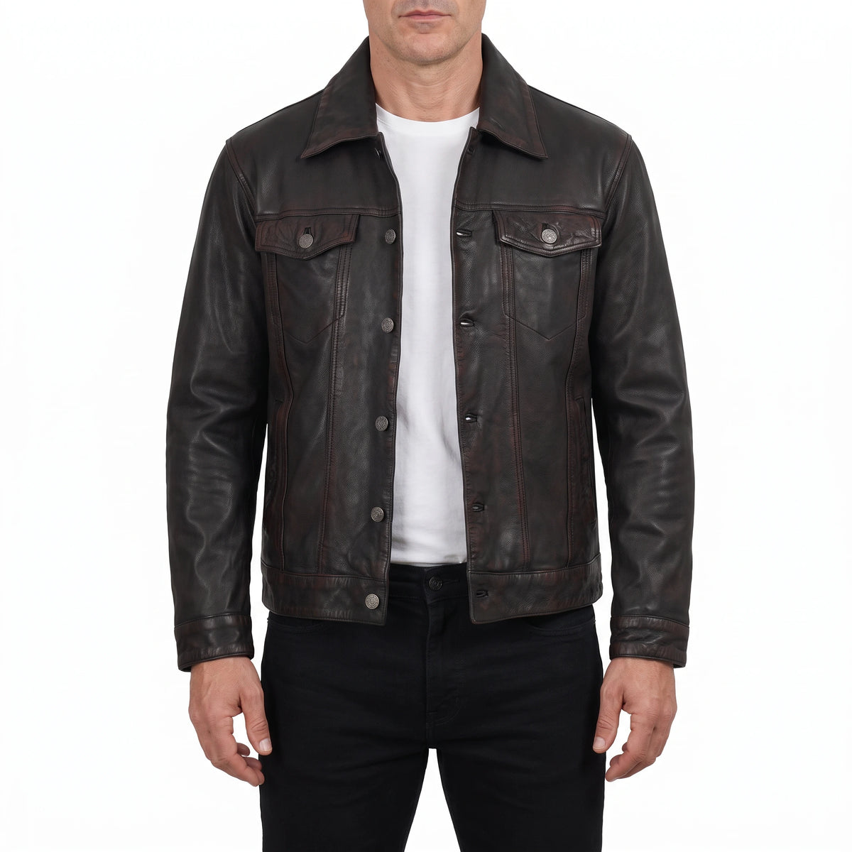 Clark Men’s Distressed Maroon Black-Washed Leather Trucker Jacket