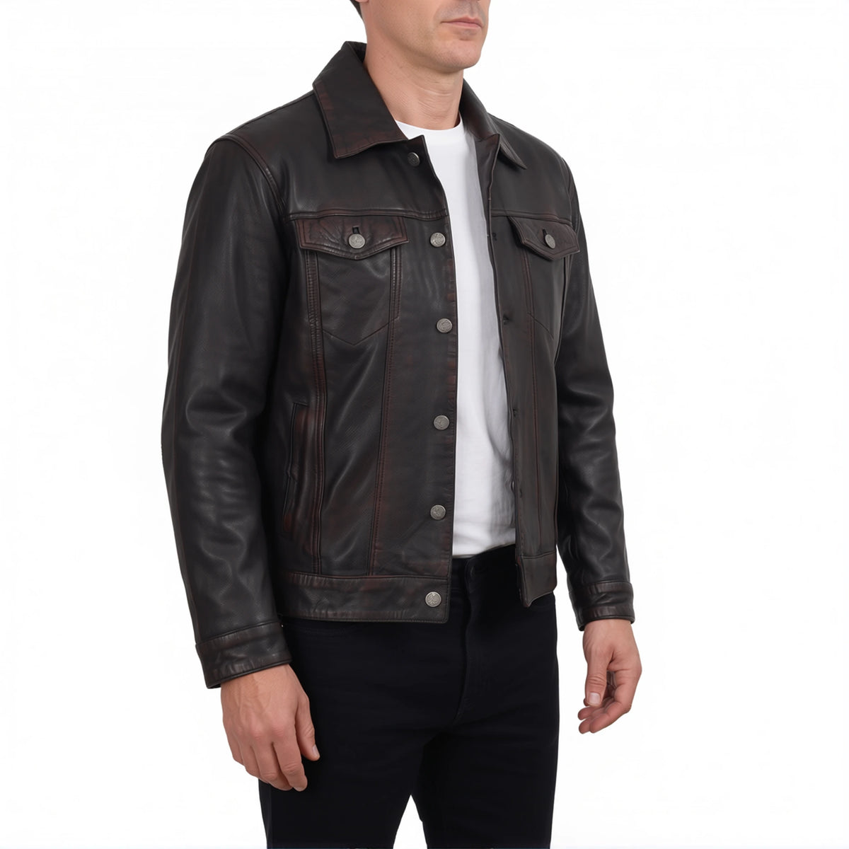 Clark Men’s Distressed Maroon Black-Washed Leather Trucker Jacket