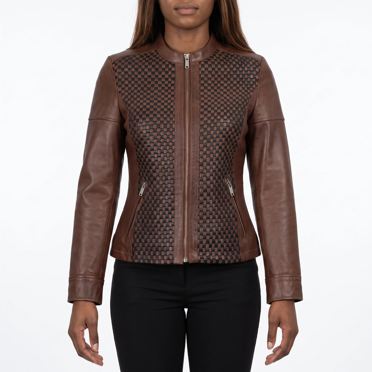 Colette Women’s Brown Textured Leather Cafe Racer Jacket