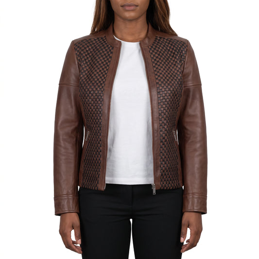 Colette Women’s Brown Textured Leather Cafe Racer Jacket