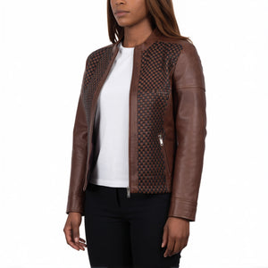 Colette Women’s Brown Textured Leather Cafe Racer Jacket