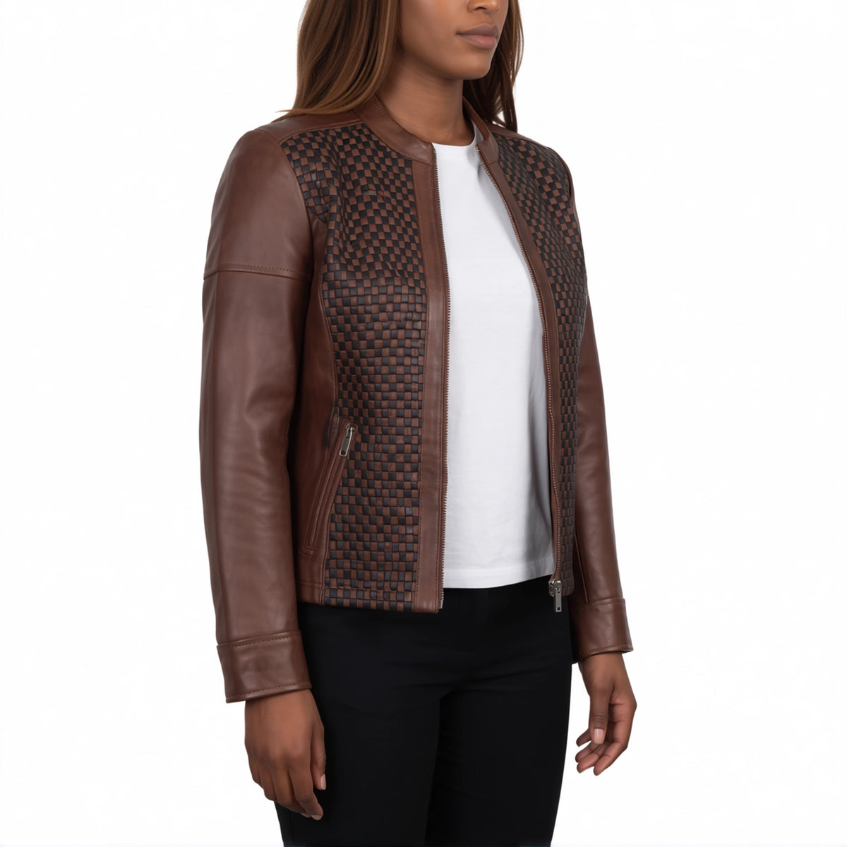 Colette Women’s Brown Textured Leather Cafe Racer Jacket
