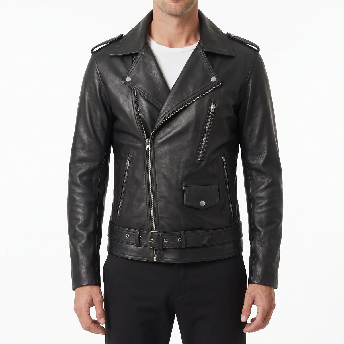 Corvin Men’s Black Belted Leather Biker Jacket