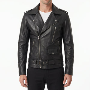 Corvin Men’s Black Belted Leather Biker Jacket