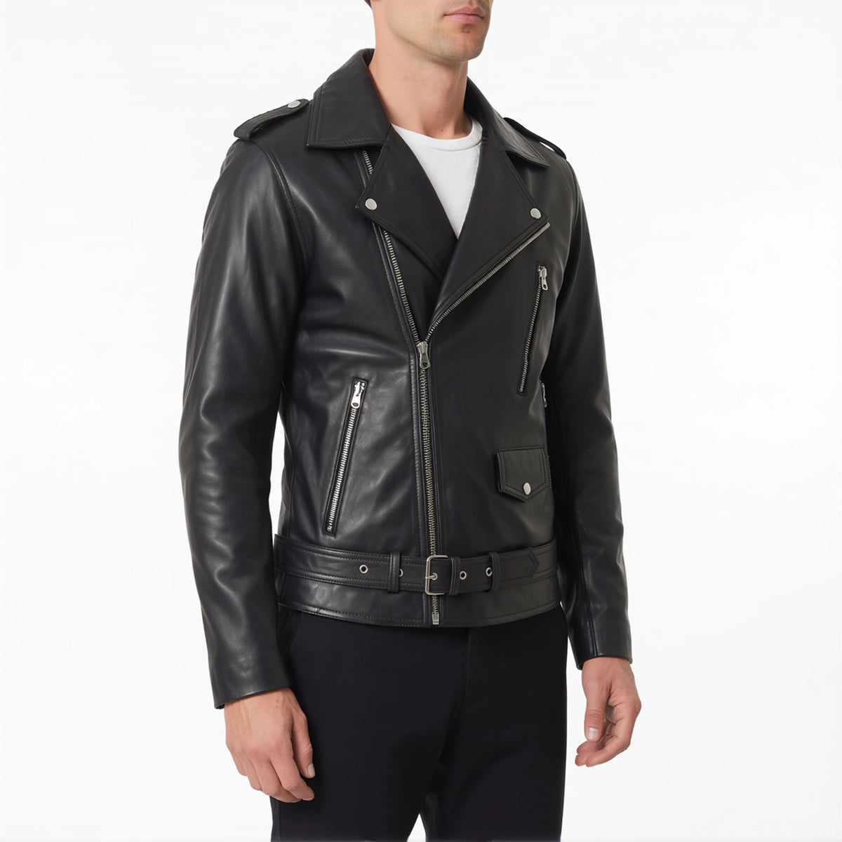 Corvin Men’s Black Belted Leather Biker Jacket