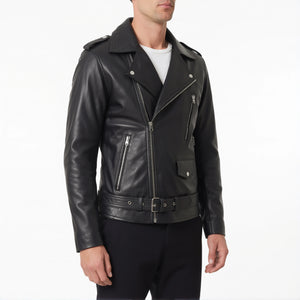 Corvin Men’s Black Belted Leather Biker Jacket