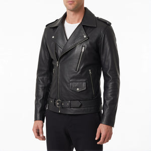 Corvin Men’s Black Belted Leather Biker Jacket