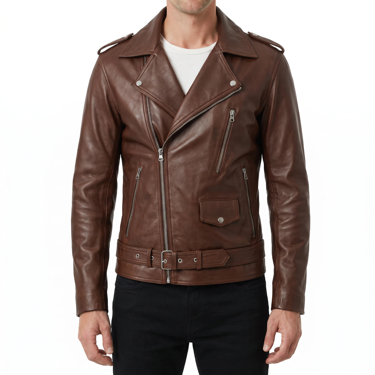 Corvin Men’s Brown Belted Leather Biker Jacket
