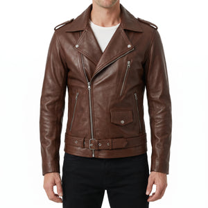 Corvin Men’s Brown Belted Leather Biker Jacket