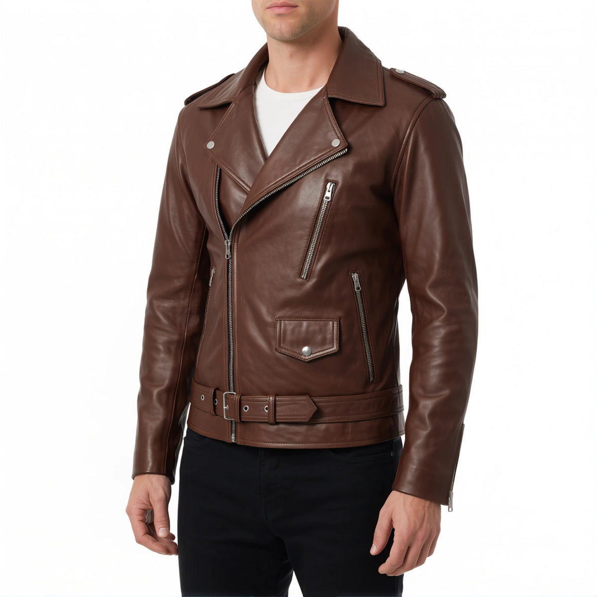 Corvin Men’s Brown Belted Leather Biker Jacket