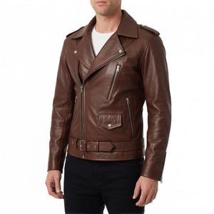 Corvin Men’s Brown Belted Leather Biker Jacket