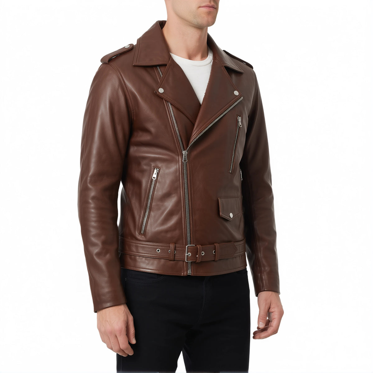 Corvin Men’s Brown Belted Leather Biker Jacket