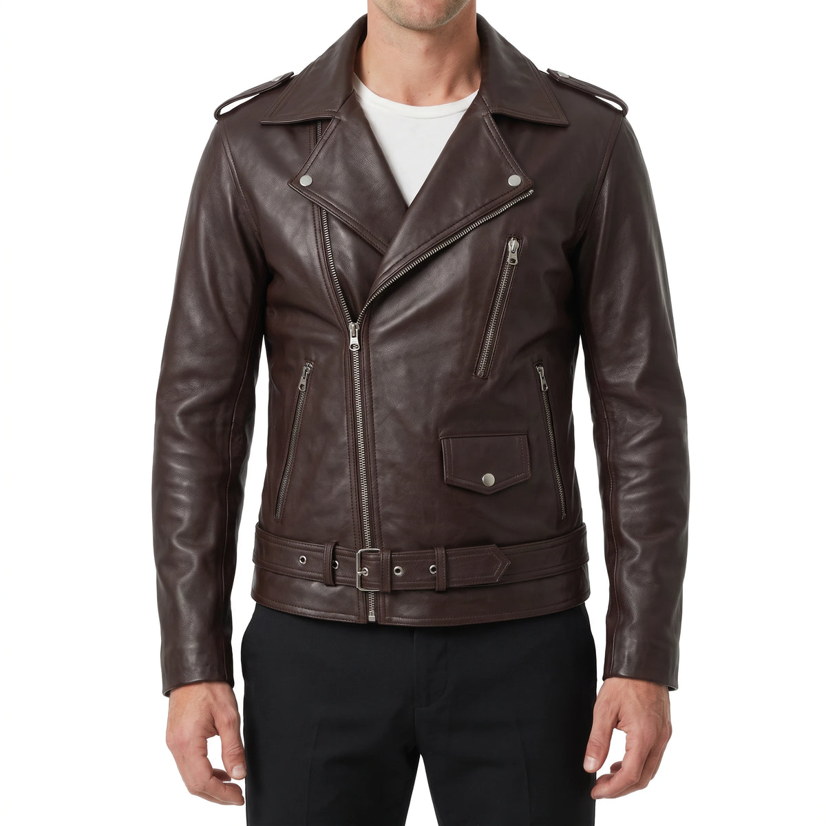 Corvin Men’s Dark Brown Belted Leather Biker Jacket