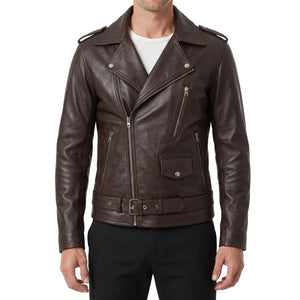 Corvin Men’s Dark Brown Belted Leather Biker Jacket