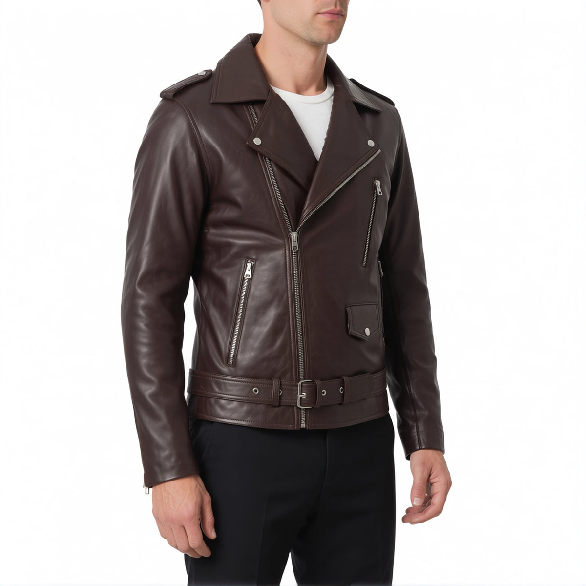 Corvin Men’s Dark Brown Belted Leather Biker Jacket
