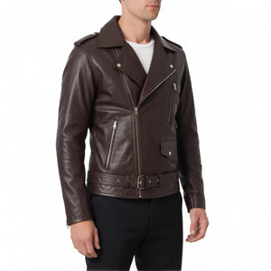 Corvin Men’s Dark Brown Belted Leather Biker Jacket