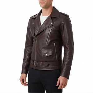 Corvin Men’s Dark Brown Belted Leather Biker Jacket
