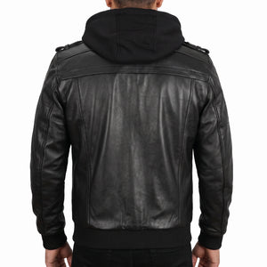 Crosslane Men’s Black Leather Bomber Jacket with Removable Hood