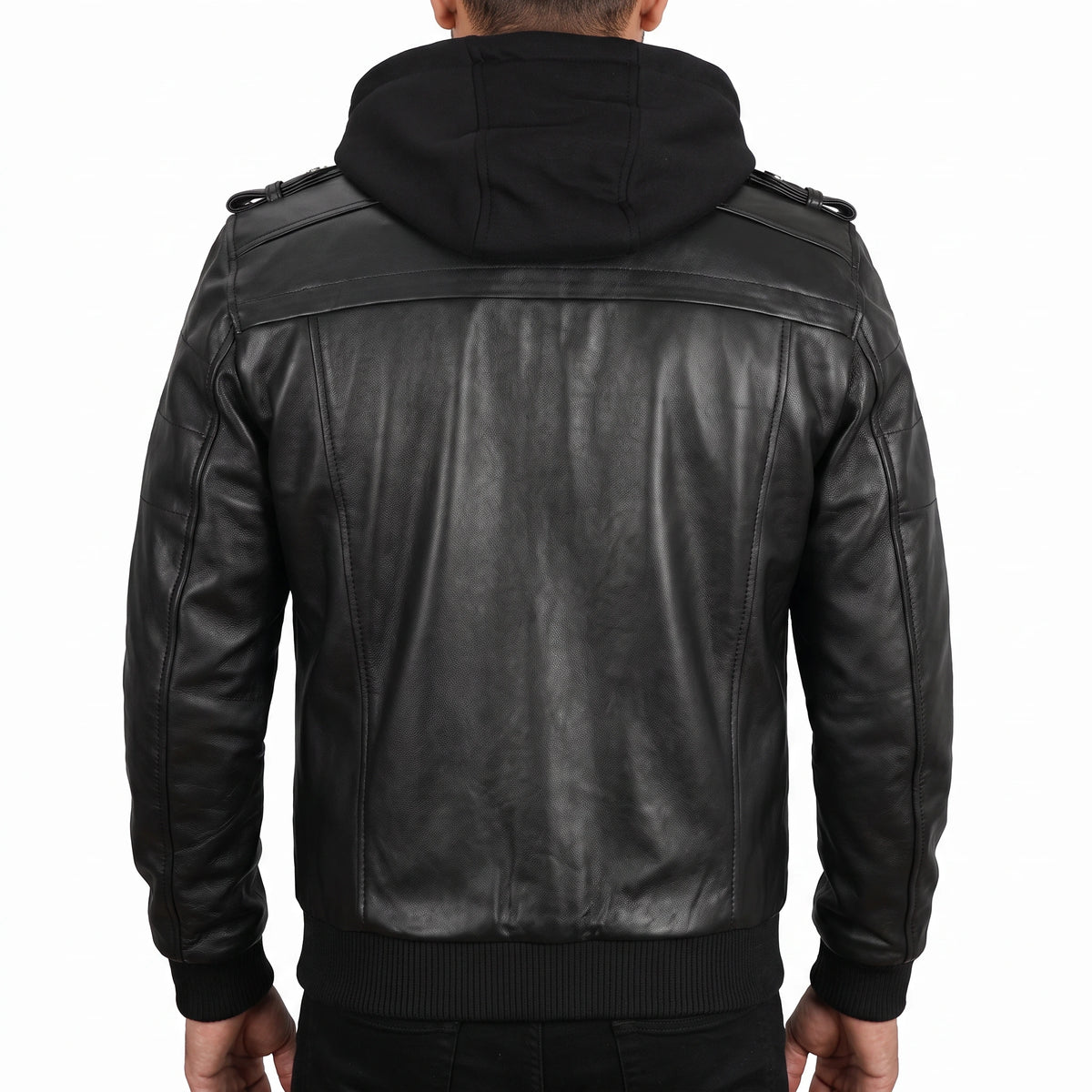 Crosslane Men’s Black Leather Bomber Jacket with Removable Hood