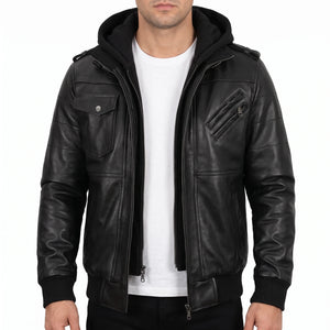 Crosslane Men’s Black Leather Bomber Jacket with Removable Hood