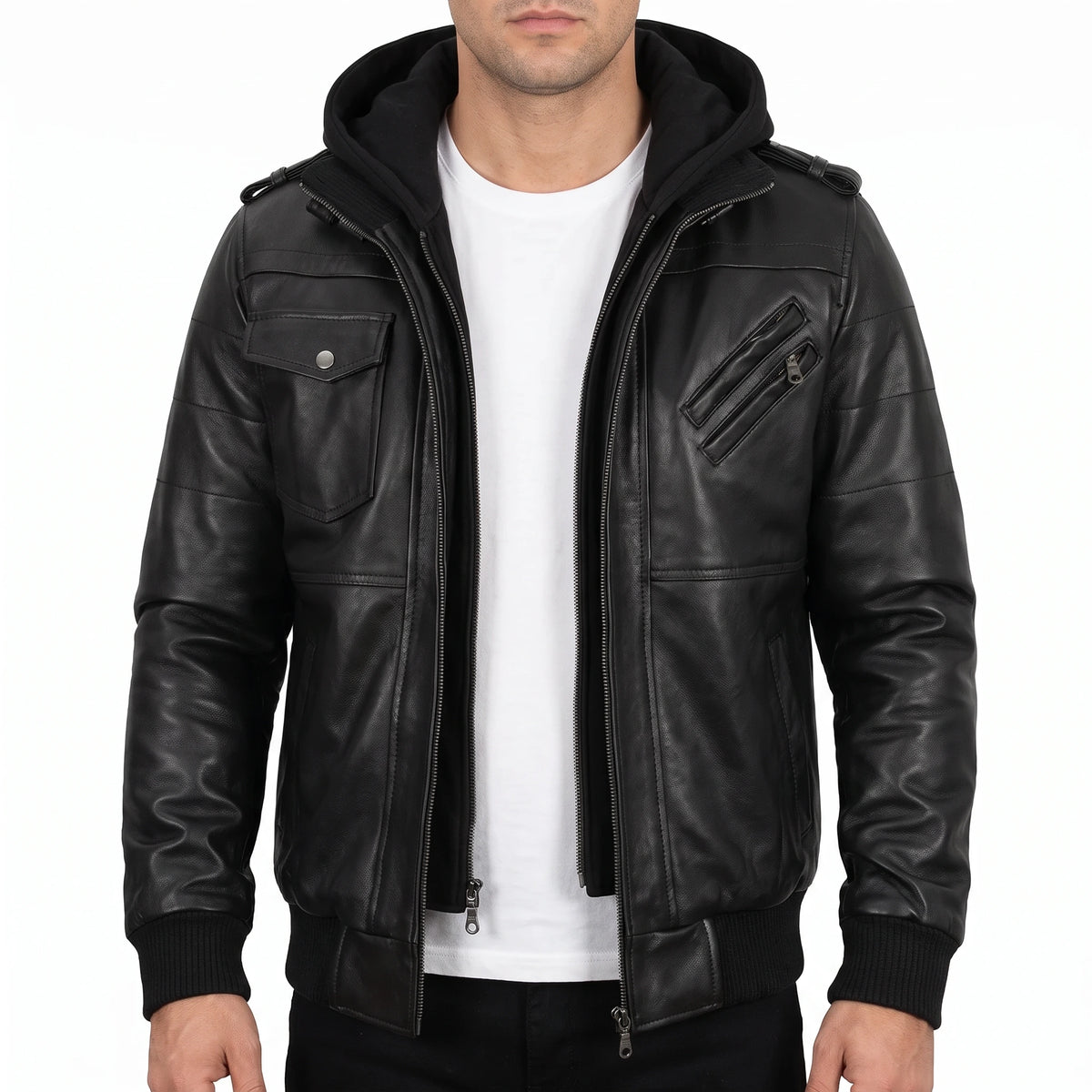Crosslane Men’s Black Leather Bomber Jacket with Removable Hood