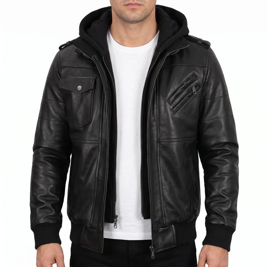 Crosslane Men’s Black Leather Bomber Jacket with Removable Hood