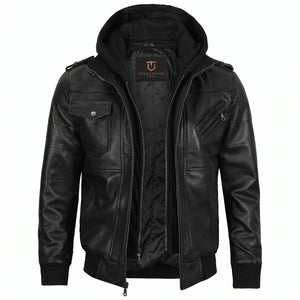 Crosslane Men’s Black Leather Bomber Jacket with Removable Hood