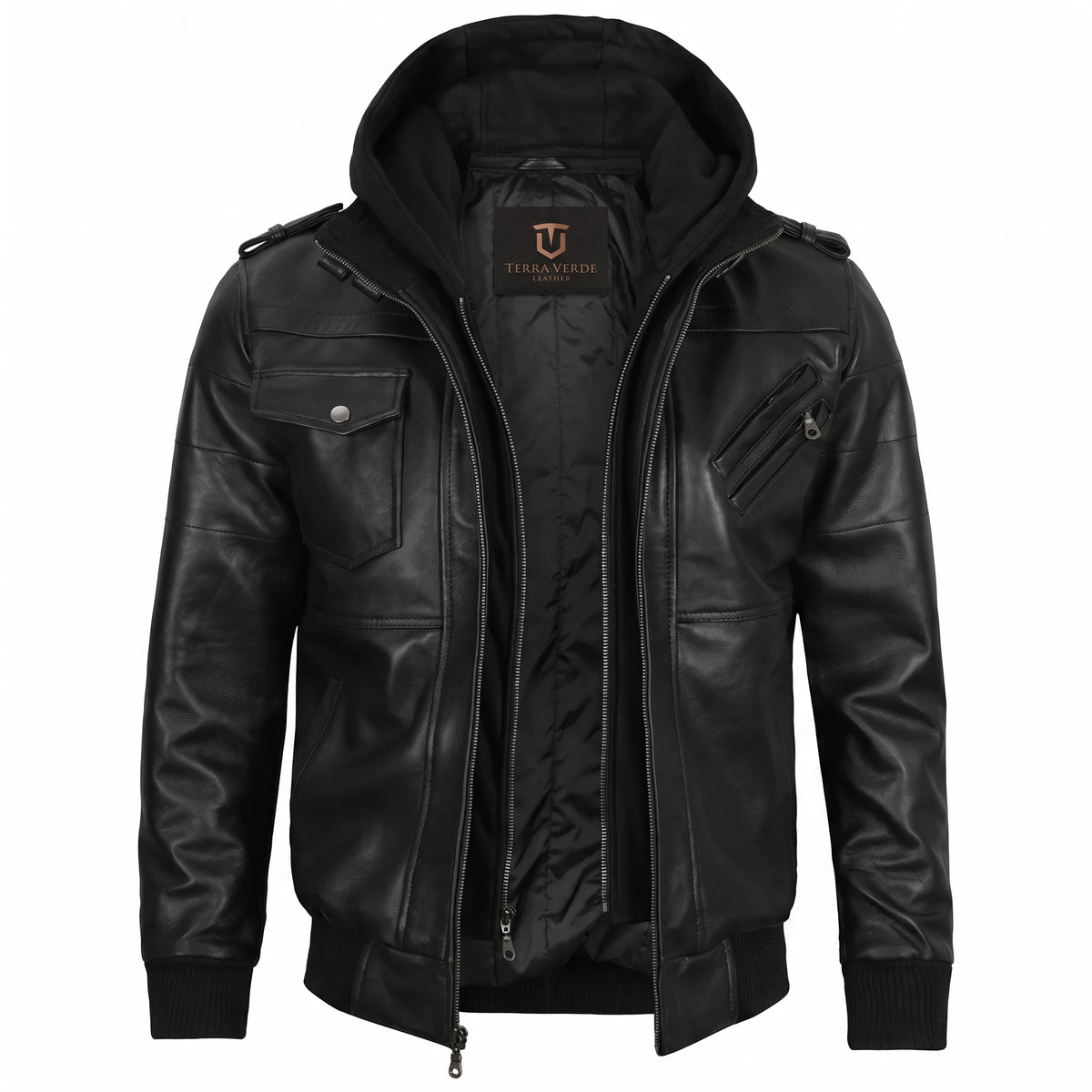 Crosslane Men’s Black Leather Bomber Jacket with Removable Hood