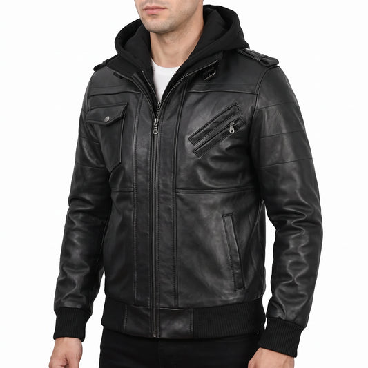 Crosslane Men’s Black Leather Bomber Jacket with Removable Hood