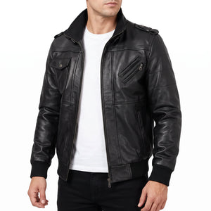 Crosslane Men’s Black Leather Bomber Jacket with Removable Hood
