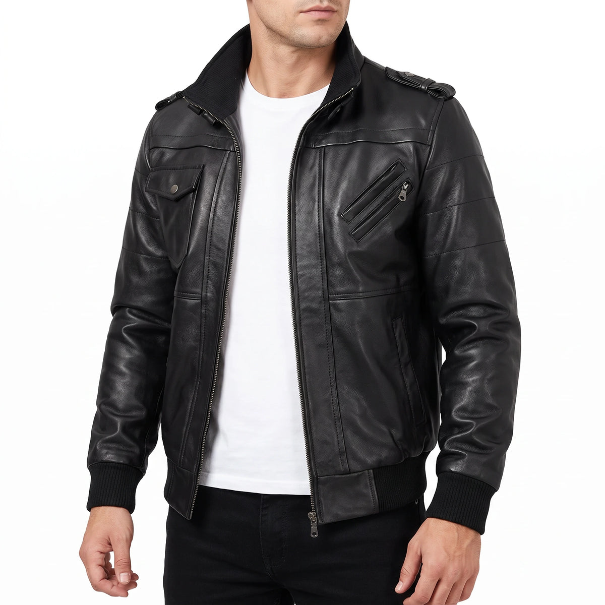 Crosslane Men’s Black Leather Bomber Jacket with Removable Hood