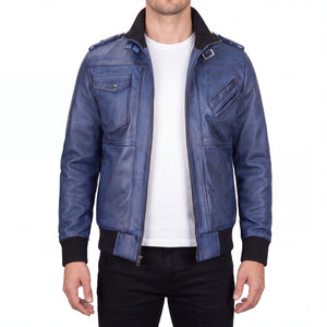 Crosslane Men’s Blue Leather Bomber Jacket with Removable Hood