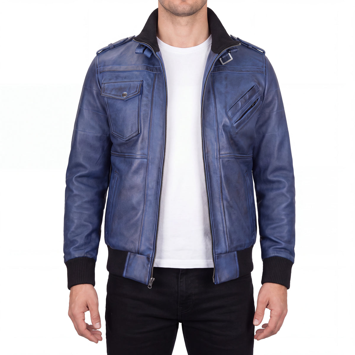 Crosslane Men’s Blue Leather Bomber Jacket with Removable Hood